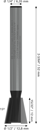 Broca de cola de milano para enrutador Bosch PRO de 15°, vástago de 1/4 de pulgada.